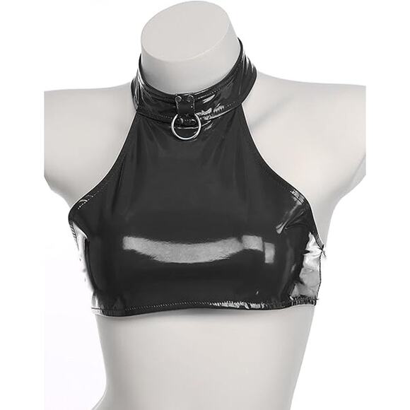 Iefiel Shiny Black Wet Latex Look Scoop Neck Stretchy Metallic Halter Top Sz S - Picture 2 of 10